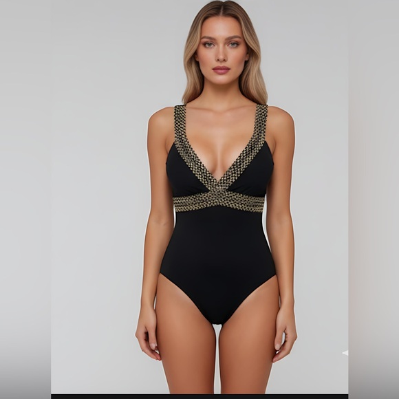 Gold Trim One Piece Swim Suit Bathing Suit - Picture 3 of 8